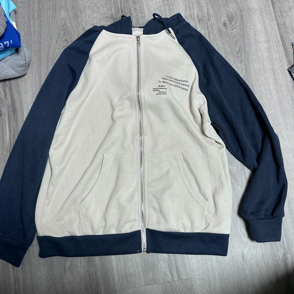 Beige and Navy Zip-Up Hoodie